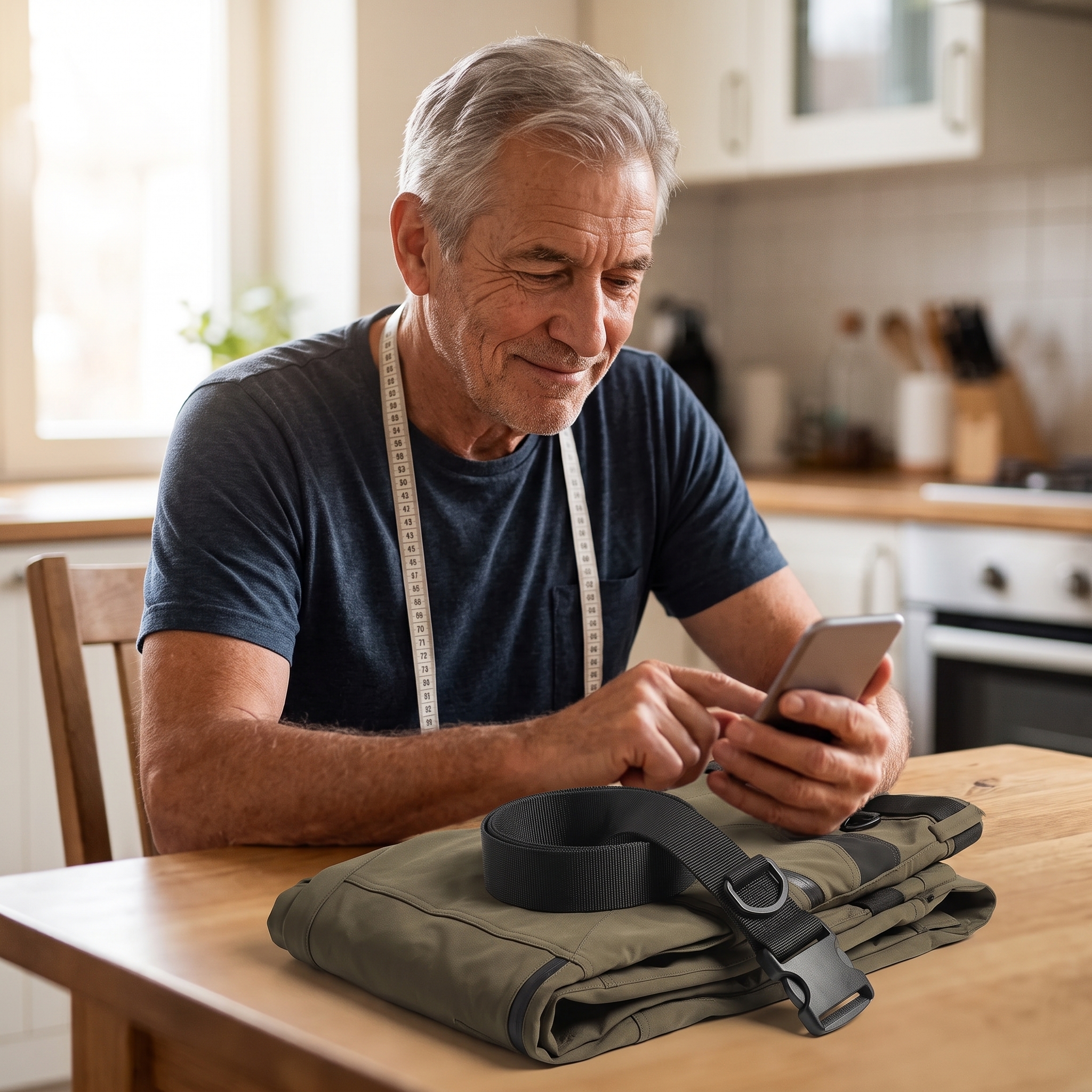 Older rider smiling at his phone after finding his size in seconds, folded cargo pants on the table