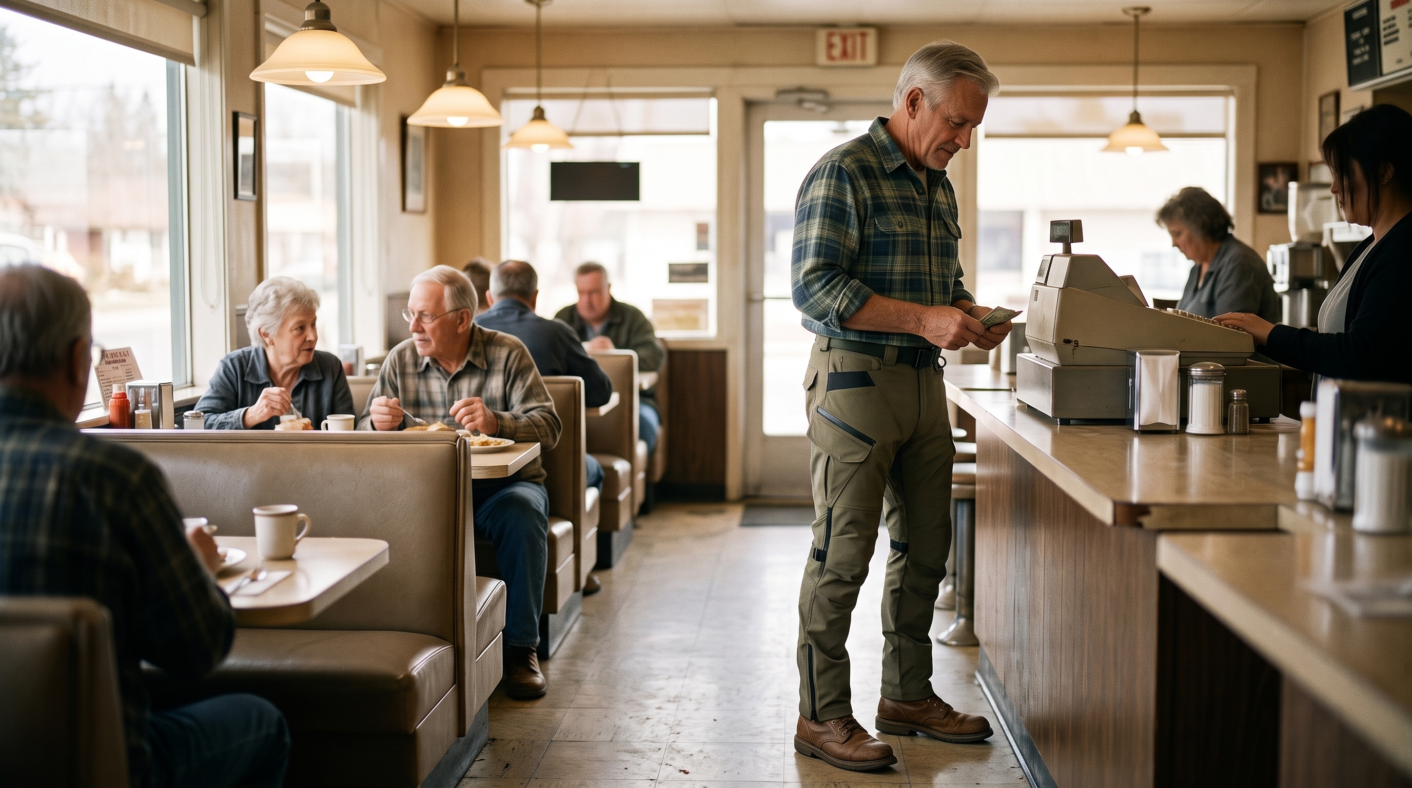 Rider paying at a diner counter, nobody noticing his RoadArmor cargo pants look like normal pants