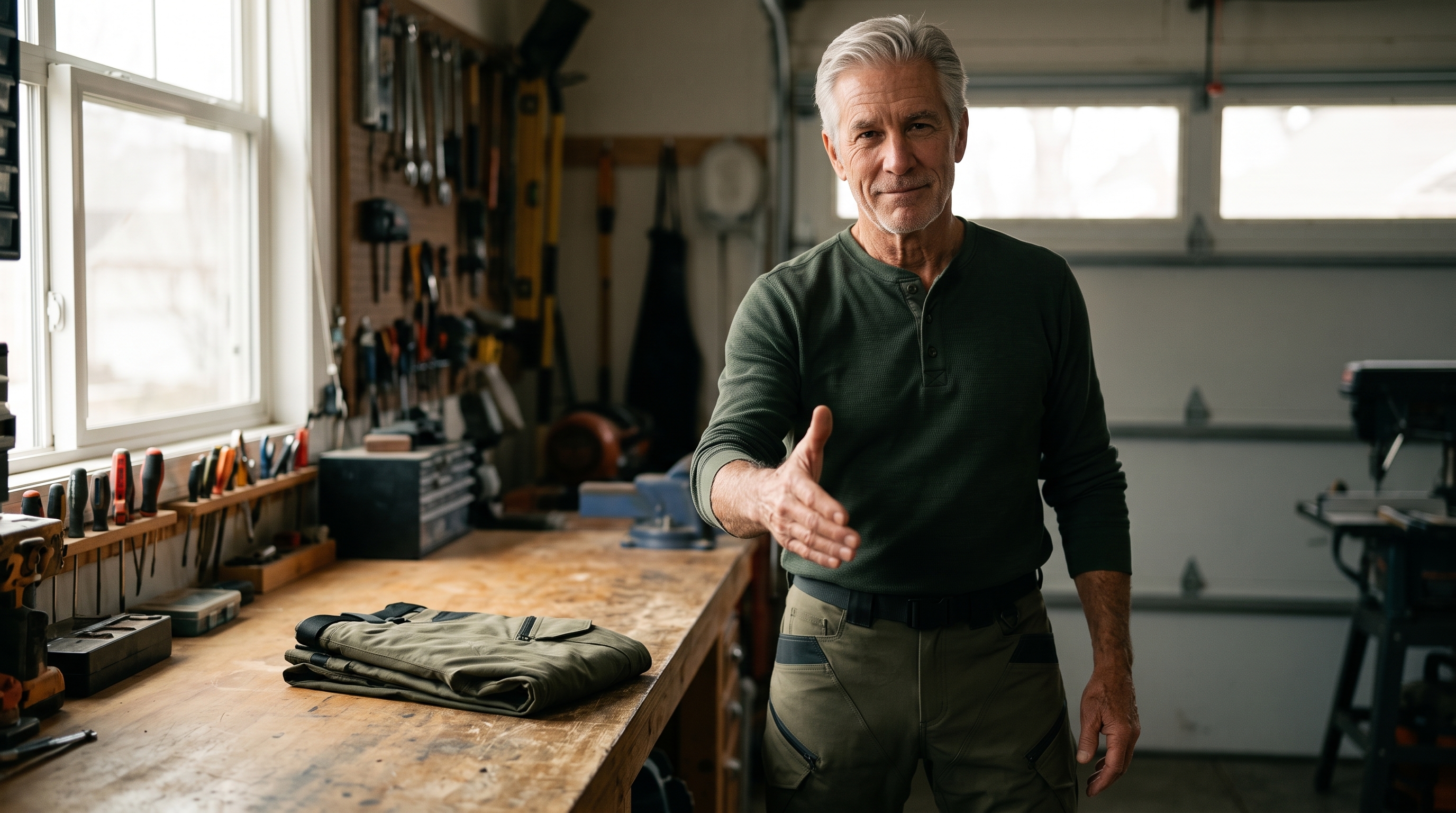 Founder in his garage extending a handshake, RoadArmor pants folded on the bench