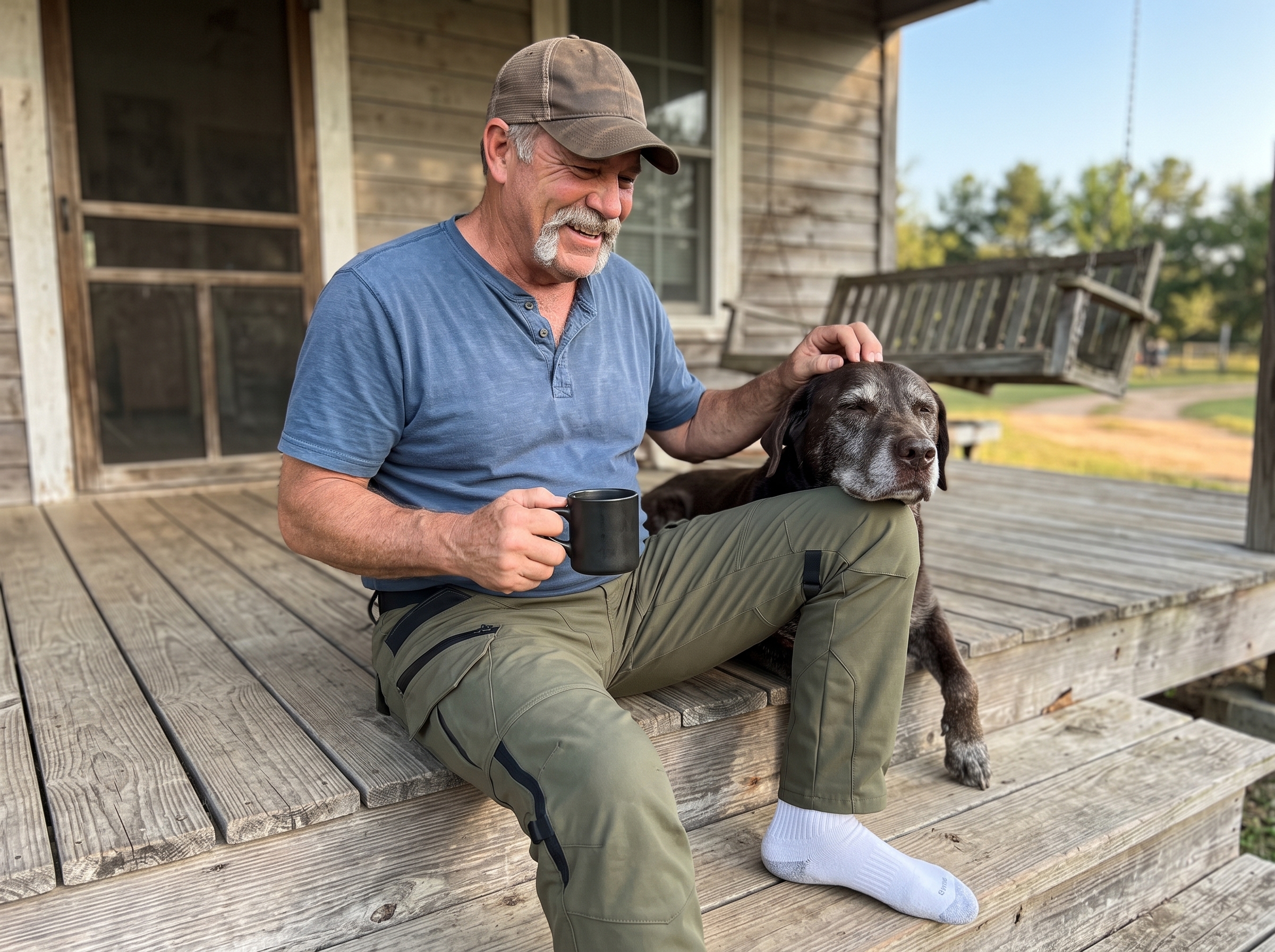 Gary on his porch wearing his RoadArmor cargo pants