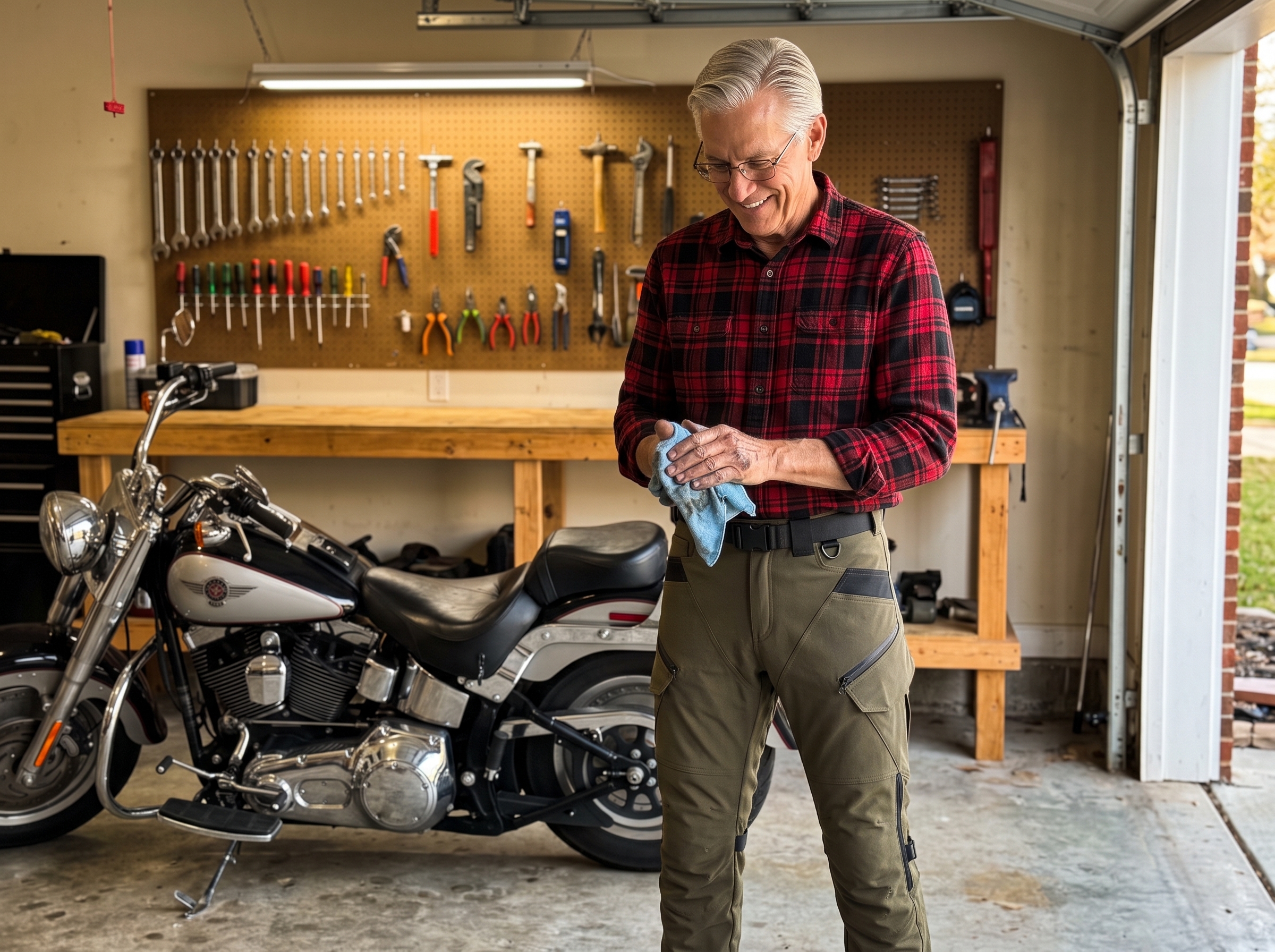 Kenneth in his garage wearing his RoadArmor cargo pants