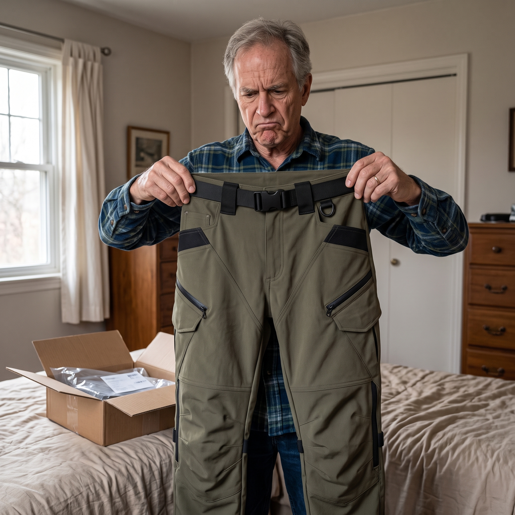 Older rider holding up a pair of cargo pants he ordered online, unsure if they will fit, open shipping box on the bed
