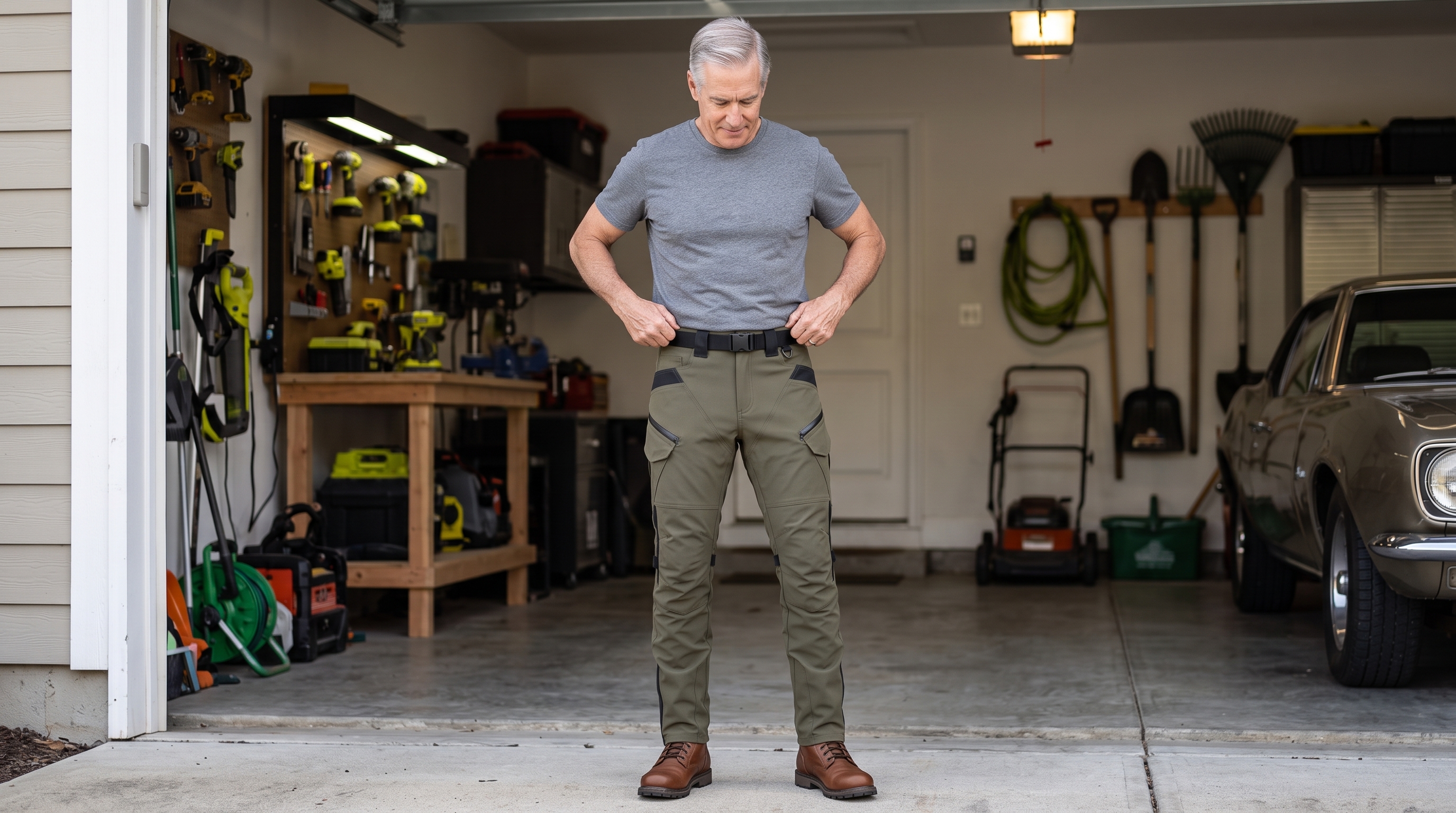 Older rider checking the perfect fit of his RoadArmor pants in his garage