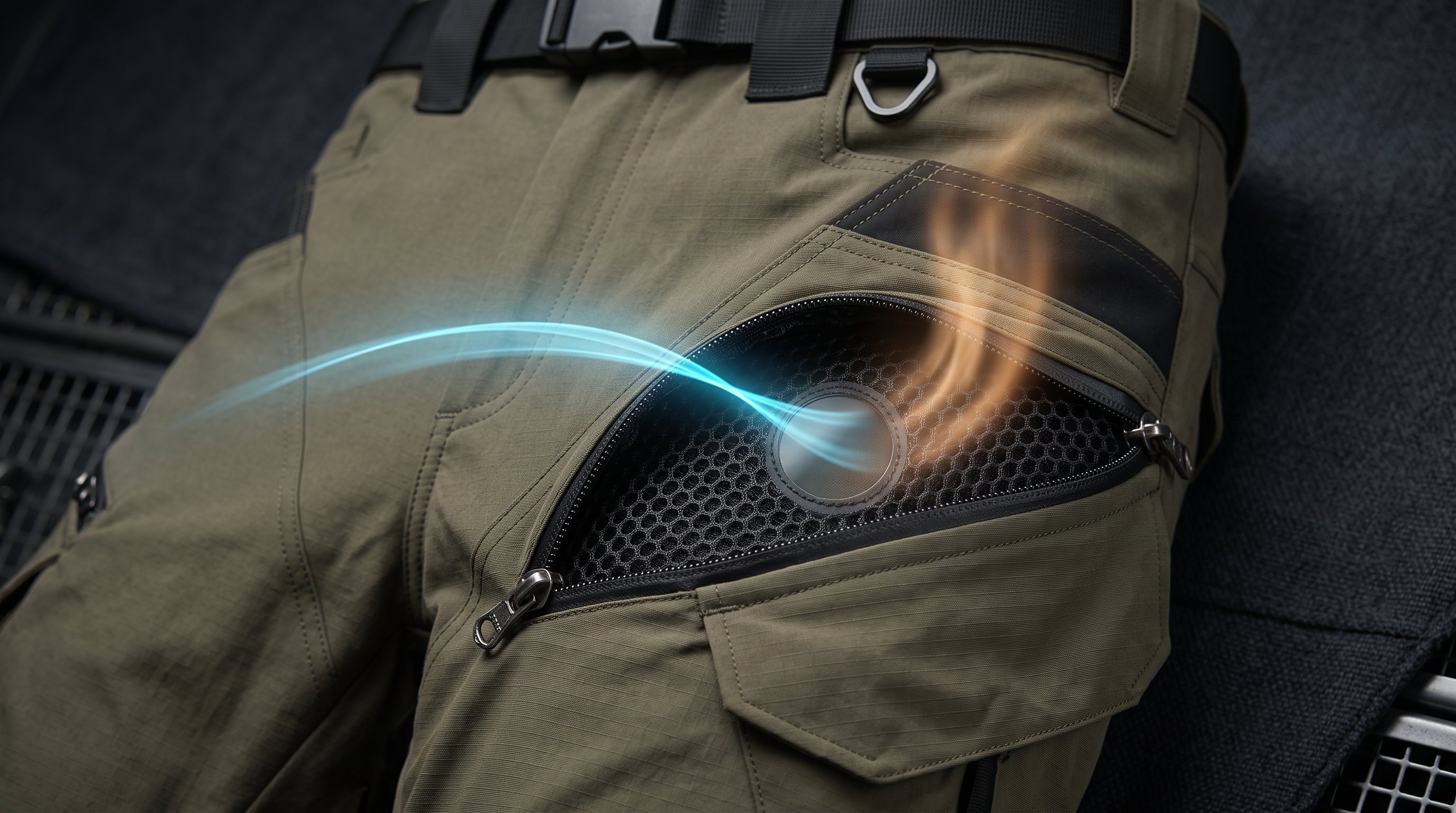Open thigh vent on the RoadArmor pants revealing the honeycomb mesh, cool air flowing in and body heat lifting out