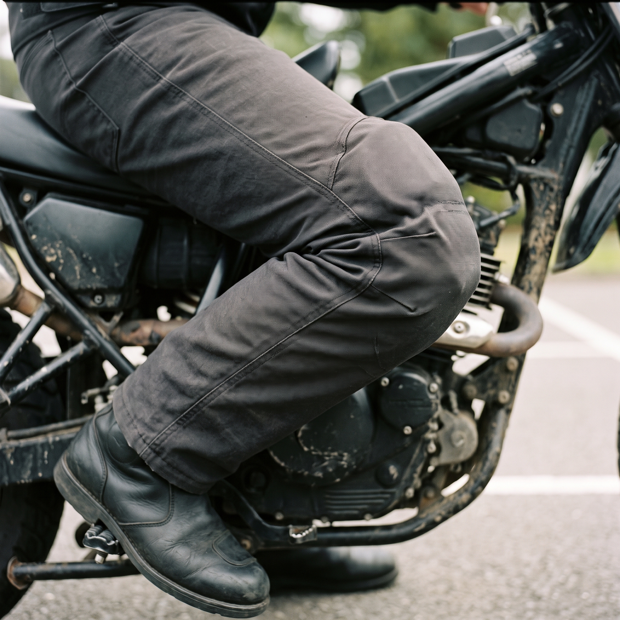 Generic riding pants seen from the side while seated on a motorcycle, the knee armor shifted out of position