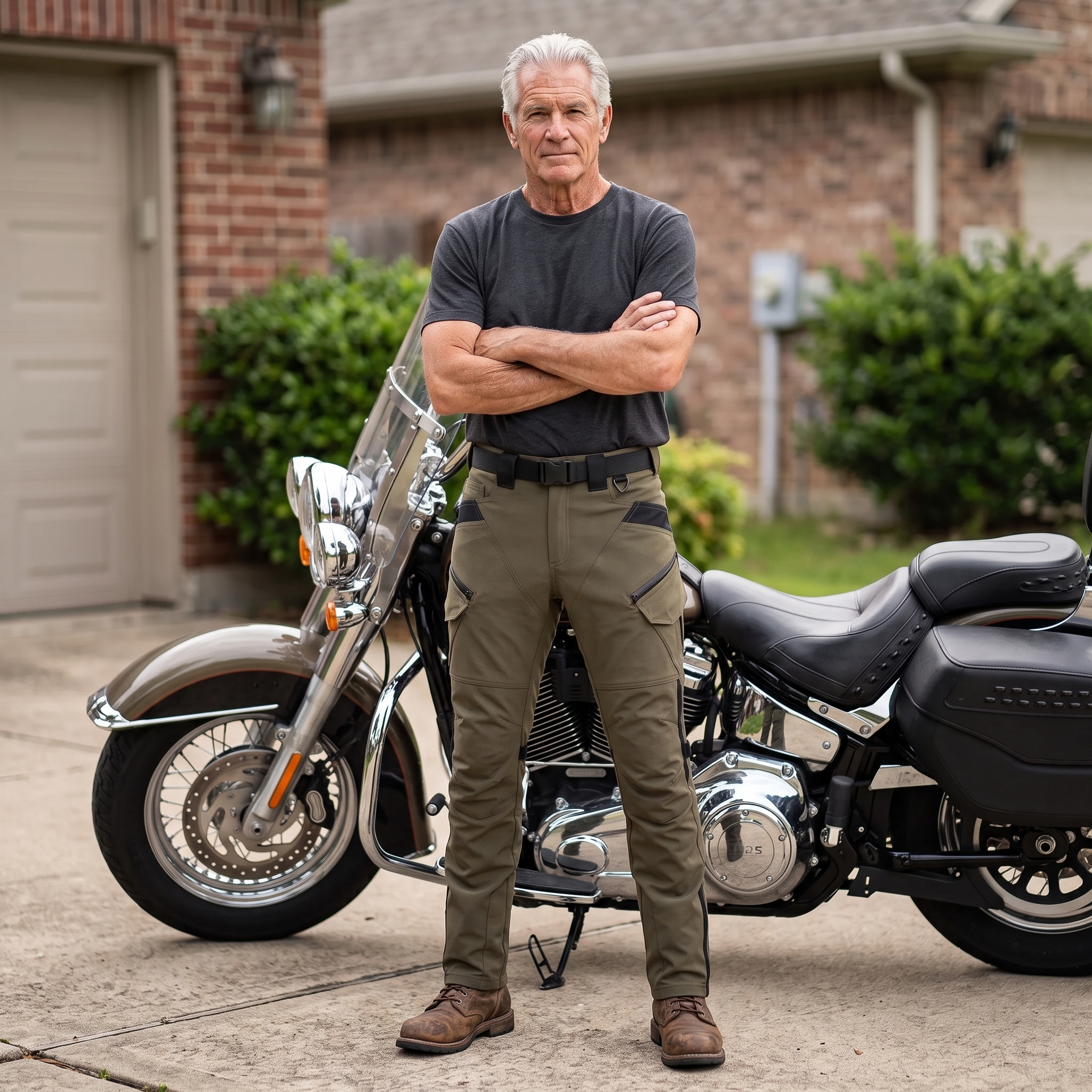 Confident older rider standing arms crossed by his single Harley in cargo pants that fit and protect