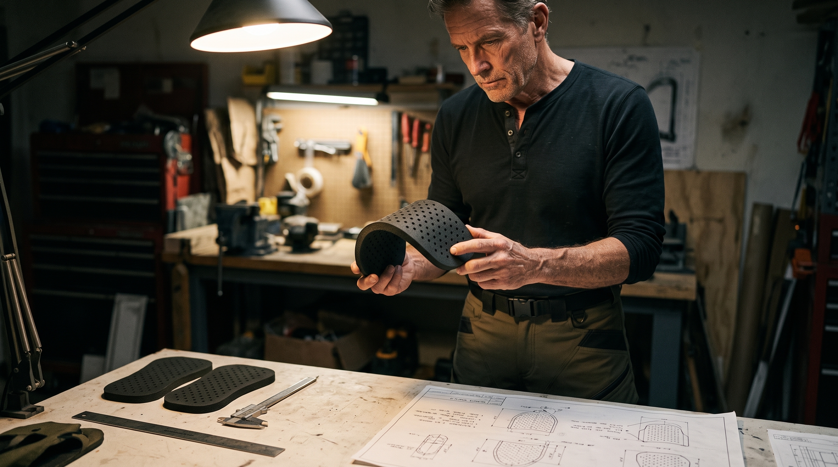 John examining a thin flexible CE Level 2 armor pad at his engineering workbench